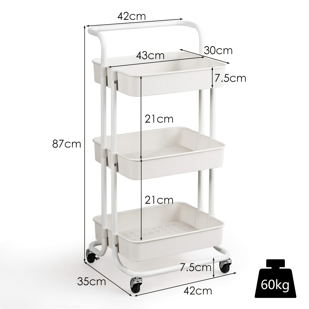 3 Tier Rolling Storage Cart With 2 Locking Wheels, Mobile Utility Rack 20kg Load Per Layer, Multi-scene Organizer Shelf For Kitchen Bathroom Living Room, White