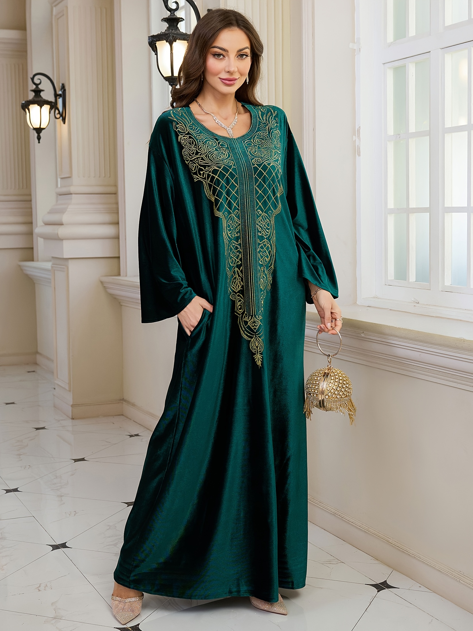 green velvet embroidered dress Virosa Floral Embroidered Velour Gown