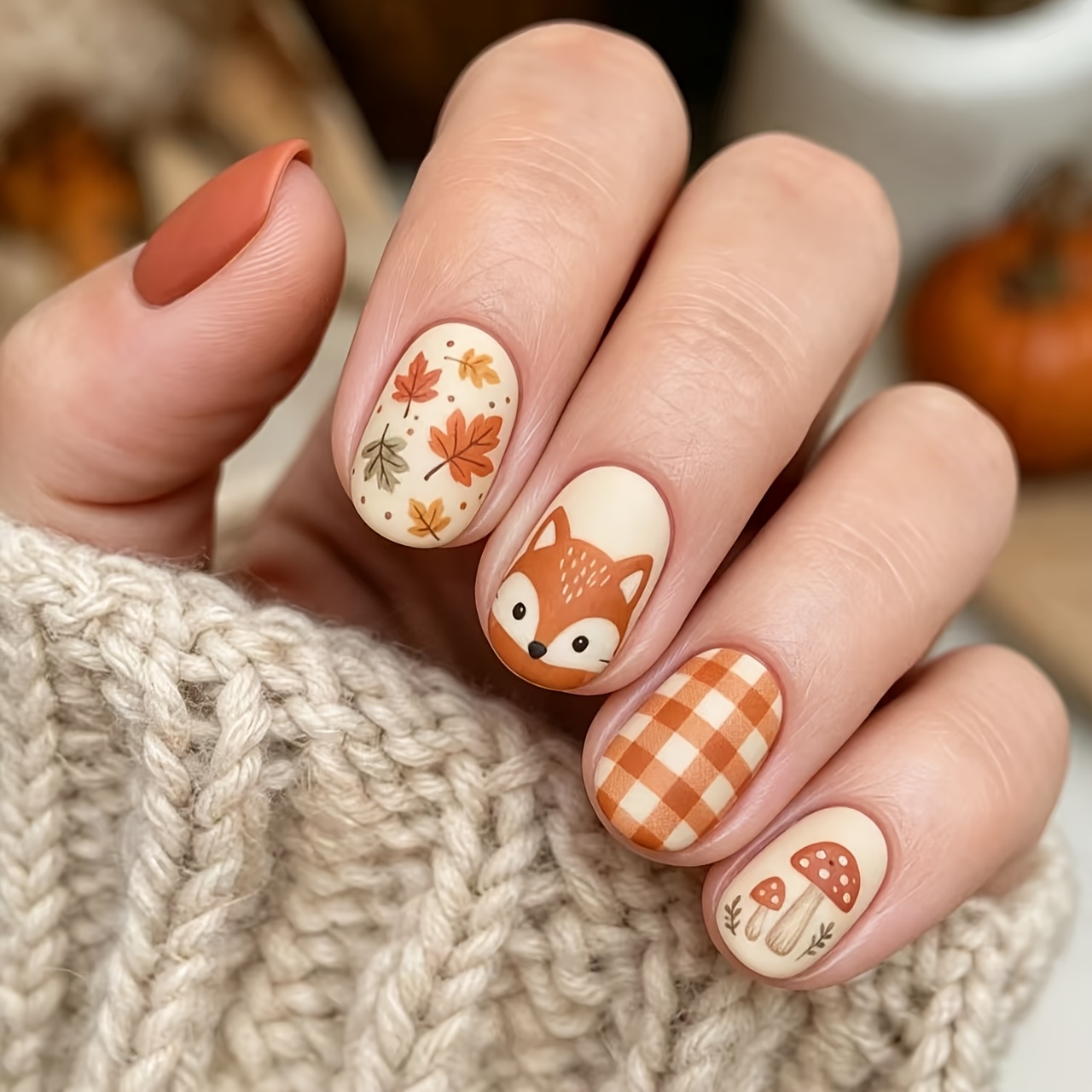TEMU 24pcs Faux Ongles Automatiques de Forêt Automne, Feuille d'Érable à Carreaux Courtes Rondes, Ongles Faux Lait Doux Orange