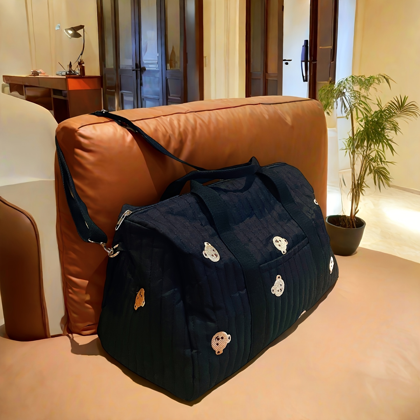 travel-friendly bear mommy diaper bag - quilted nappy bag with external bottle slot, insulated cooler compartment & multiple pockets, durable fabric for daily use &  , diaper bag,   design, sturdy handles 0