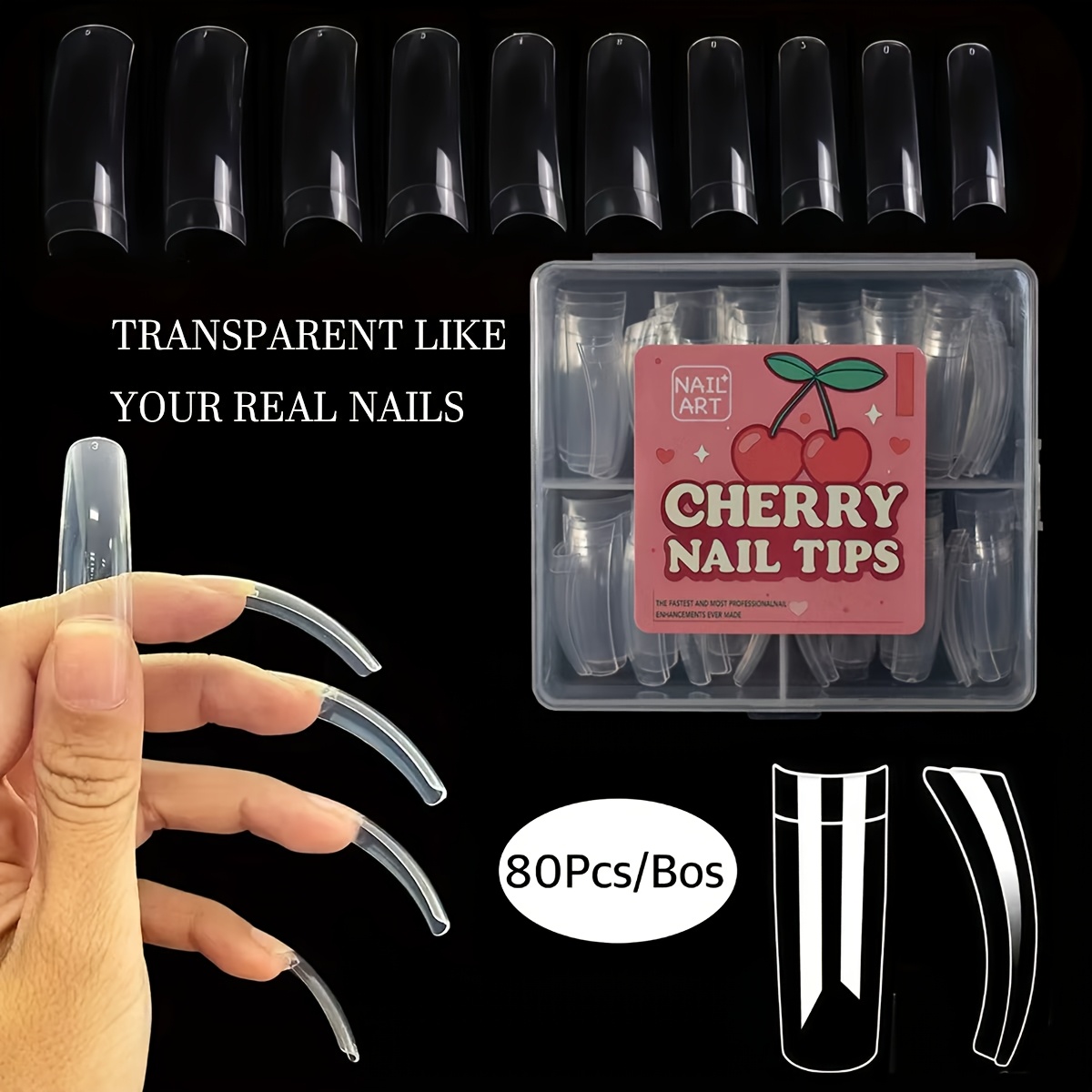 TEMU 80pcs Curved Clear Nail Tips Set, Transparent Acrylic False Nails With , Flexible And Easy To Shape, Perfect For Diy Nail Art, Salon Extension, Or Home Use, Ideal For Beginners And Professionals