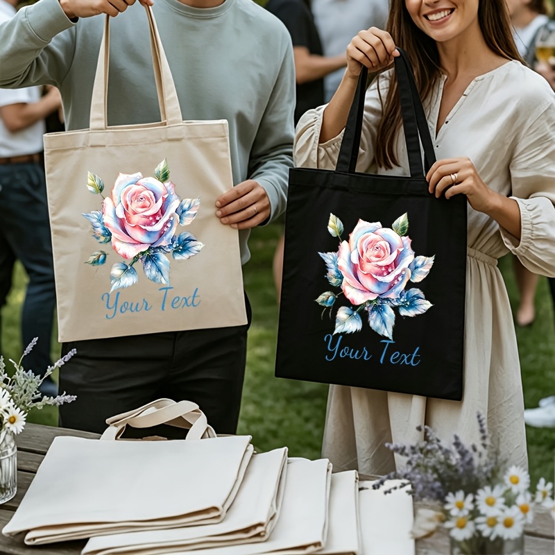 Personalized Custom Text Watercolor Rose Tote Bag, Large Capacity