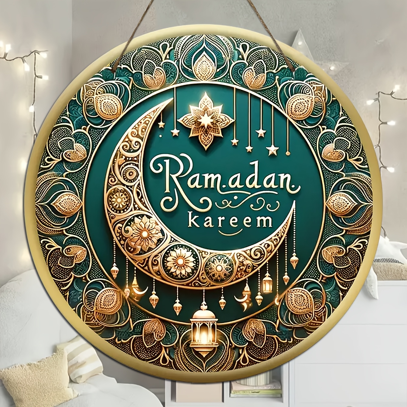 

1pc Style Manufactured Wood Ramadan Wreath, Unlit Wall Hanging Decorative Star And Moon Design, For Home, Decoration, Arab Engraved Commemorative Ornament, With No Feathers, For Non-electric