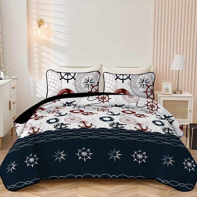 

3pcs Nautical Fishing Boat Print Bedspread Set (1 Bedspread + 2 Pillowcases, No Filling), Suitable For Bedroom Decoration Bedding Quilt Set, Soft, Comfortable, Suitable For All Seasons