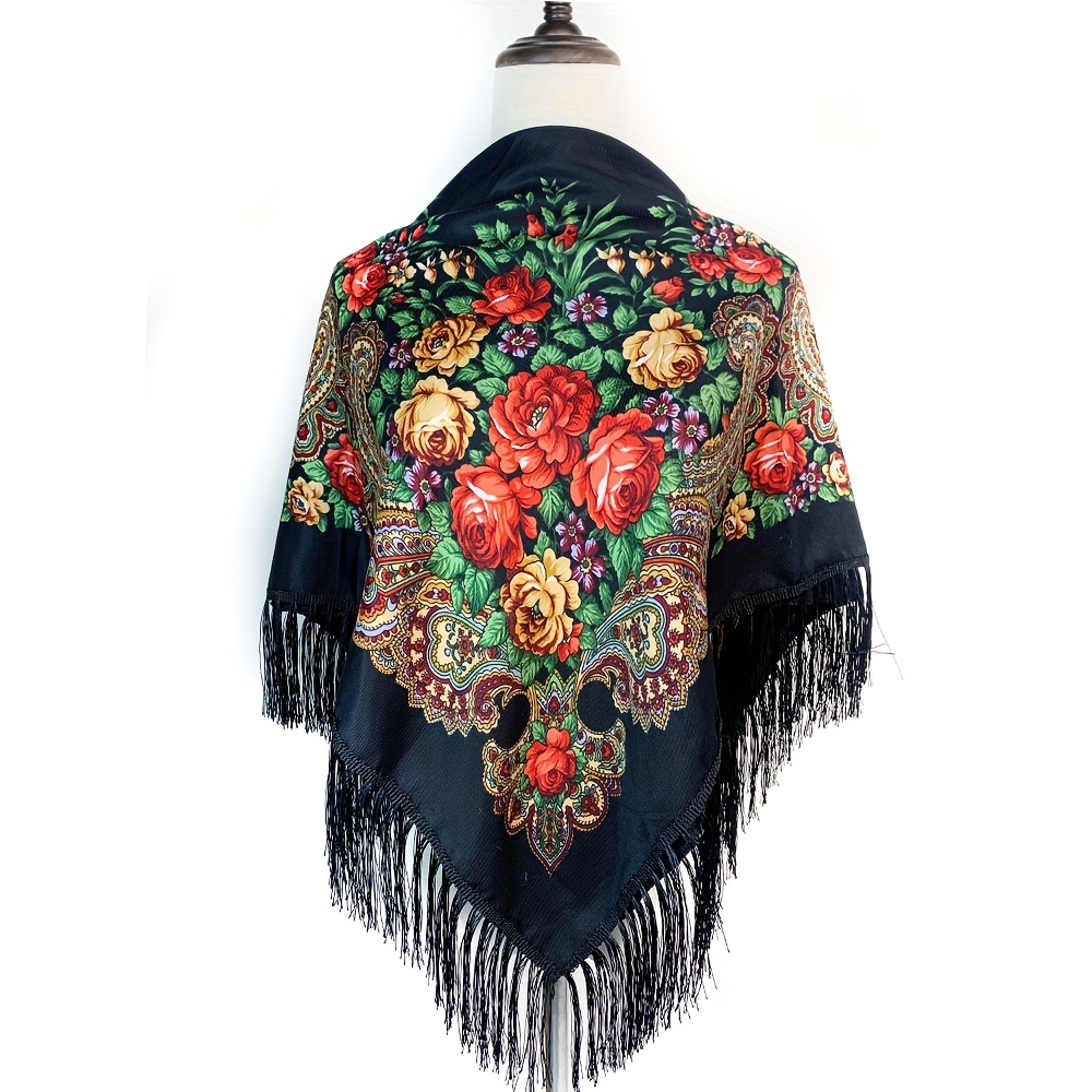 35.43" Square Scarf Women's Boho Luxury Print Tassel Shawl Travel Sunscreen Decoration Shawl, Manila Shawl Of Flamenco