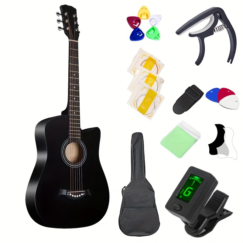 

38 Inch Black Beginner Acousticguitar, Bundle With A Strap With Picksholder, Digital Tuner, Set Strings, Tuner, Capo, Pegs, Cleaning Cloth, 3picks, Gig Bag.