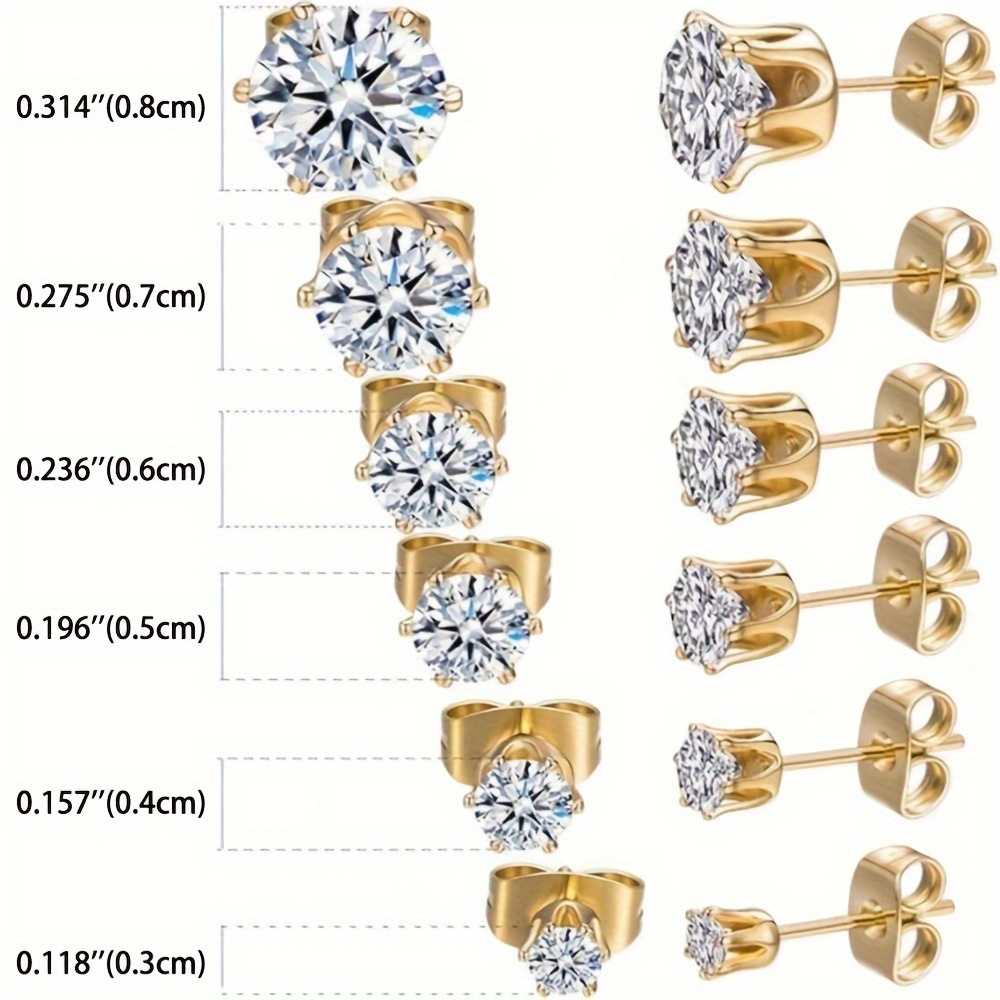 TEMU A Set Of 6 Pairs Of Stainless Steel Cubic Zirconia Inlaid Earrings, Ranging From 3mm To 8mm, Suitable For Daily Wear, Ideal Gift For Women And