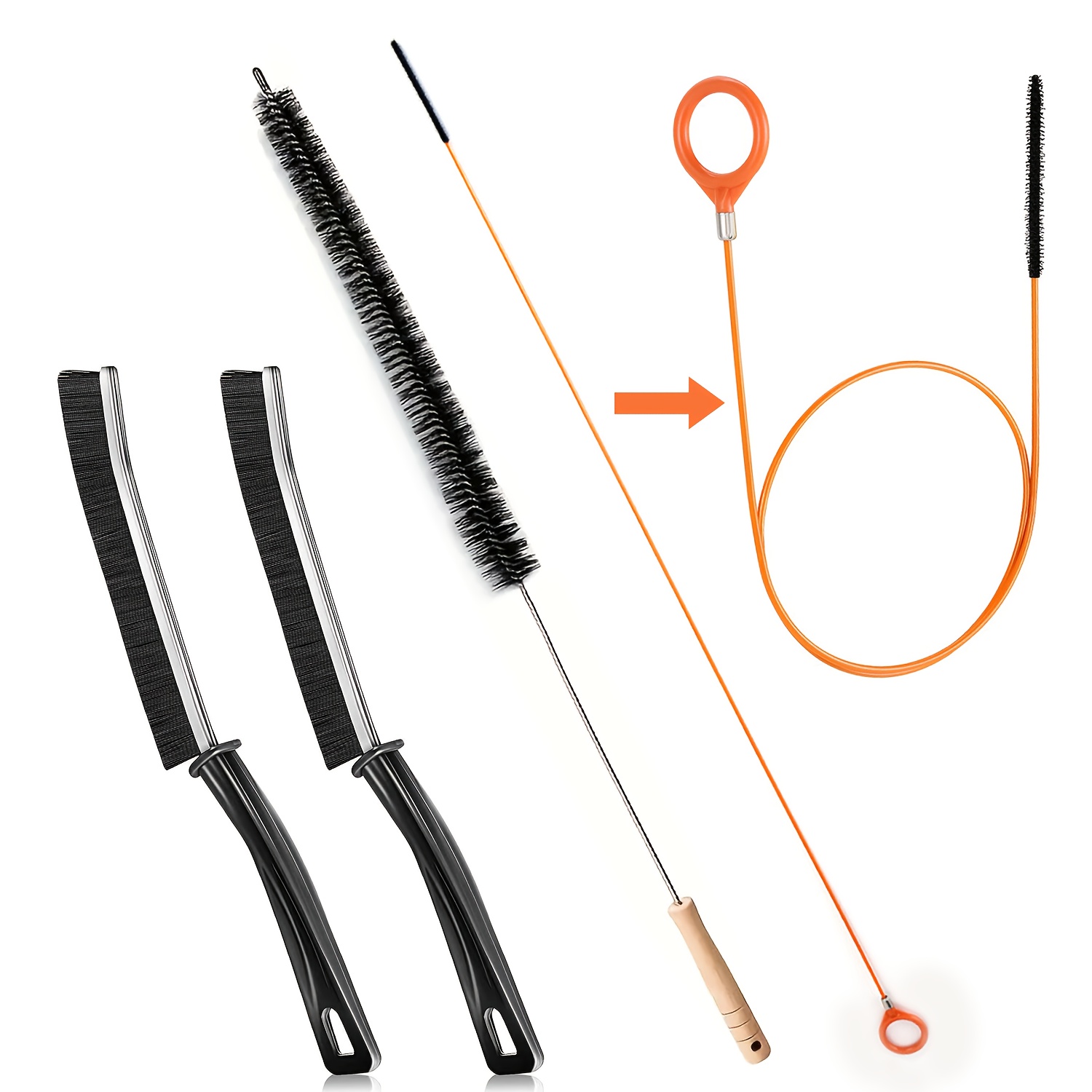 E-shop 4er-Set mit extra langem Abfluss-Haken und einer flexiblen Heizkörper-Reinigungsbürste mit langem Griff, zusammen mit 2 Fugenreinigungsbürsten,
