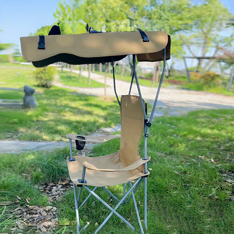 foldable camping chair with sunshade and armrest outdoor portable fishing picnic chair adult steel bracket durable oxford fabric seat cup holder leisure chair for bbq camp activities details 4