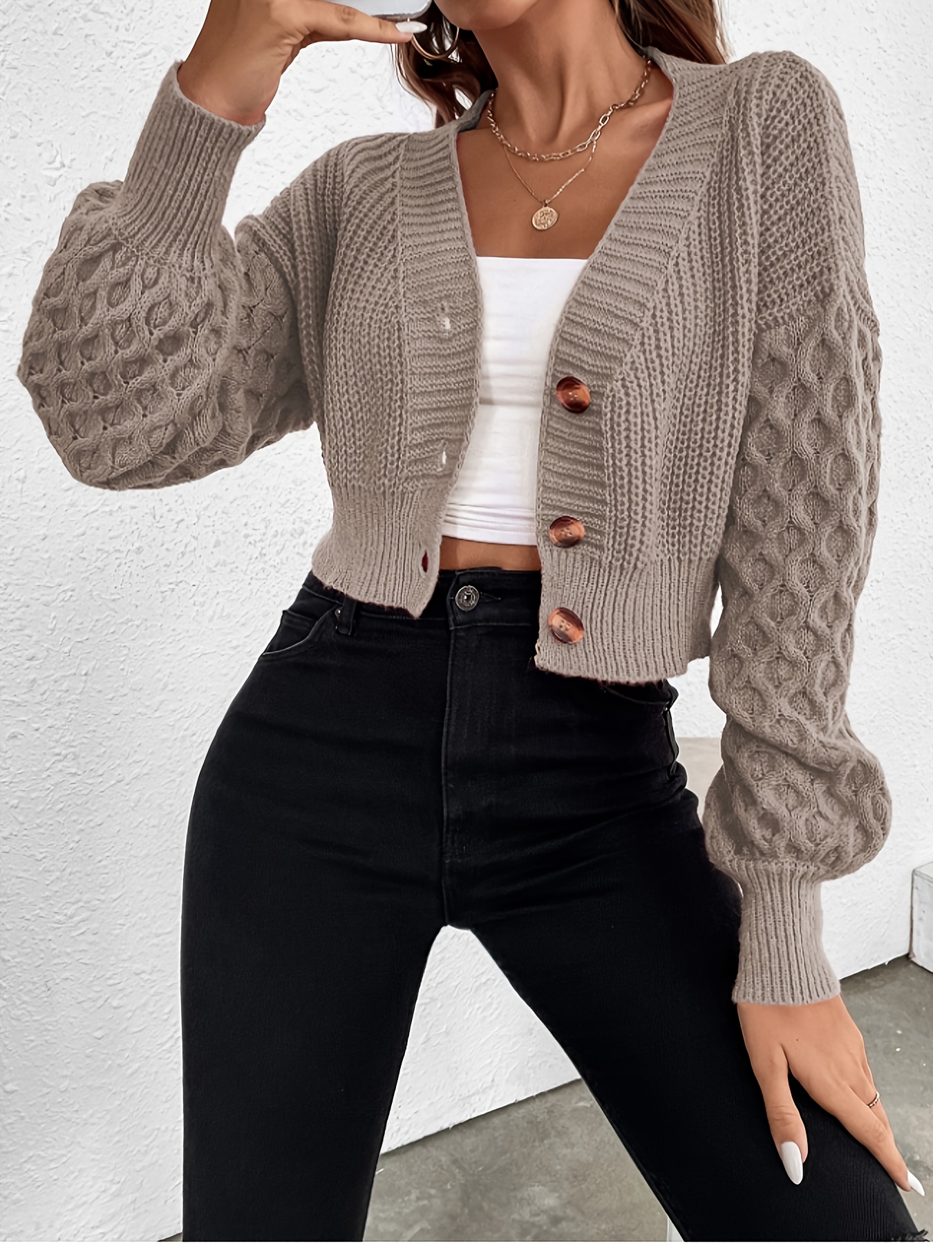 womens cozy beige cable cardigan deep v neck long sleeve Temu Mexico