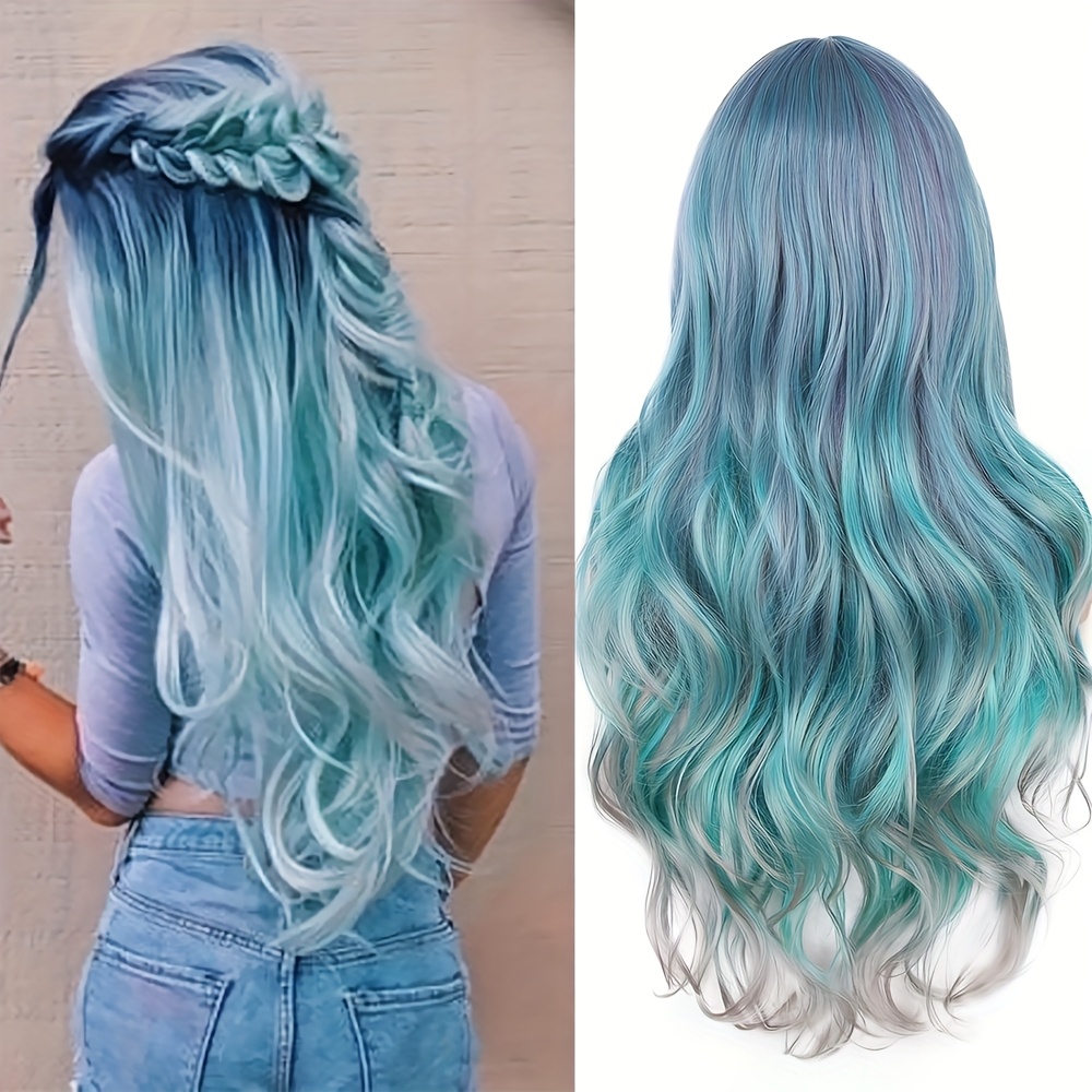 E-shop Vielseitige Trendige Europäische und Amerikanische Harajuku Style Bunte Mittlere Trennung Blau Grau Farbverlauf Gefärbte Cosplay Lange Wellige
