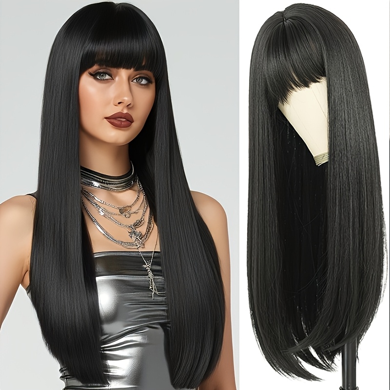 TEMU Elegant Women's Black Long Straight Wig With Bangs, Featuring Look, Soft And Comfortable, Breathable, Durable And Easy To . Made Of High-density