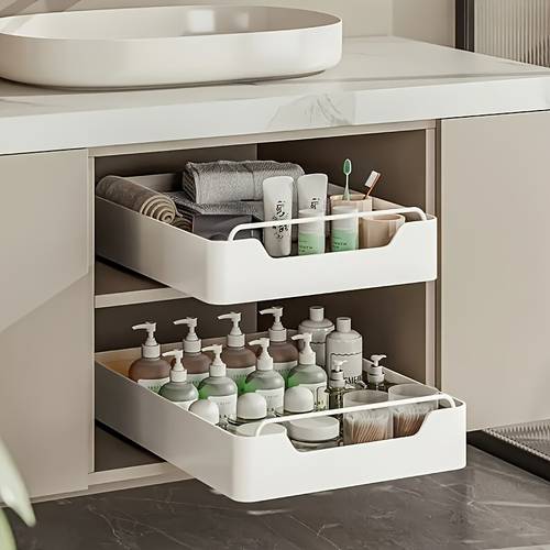 white metal pull out cabinet organizer large capacity single tier storage drawer rack ideal for room bathroom accessories