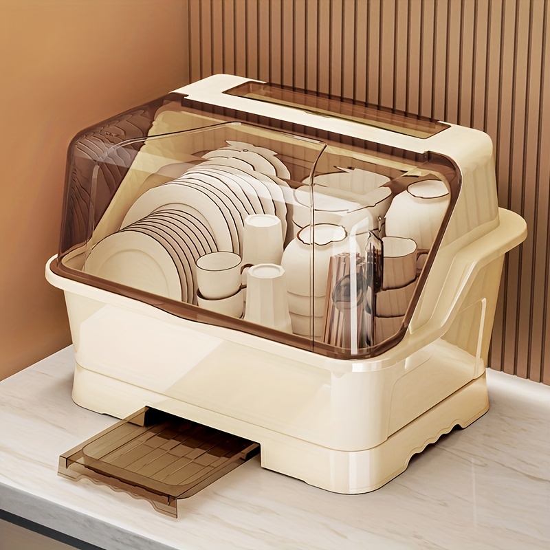 Space-Saving Dish Rack with Lid - Dustproof Kitchen Storage Cabinet, Cream Color, Multifunctional Utensil Holder with Drainage Board, Suitable for Countertops and Cabinets,   Use