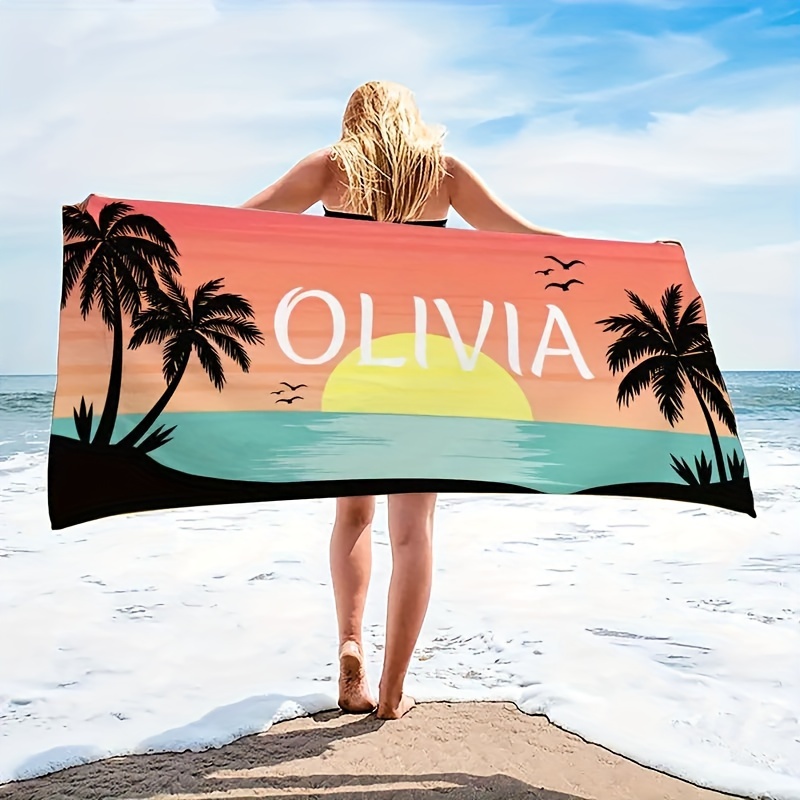 

Beach Towel With Coconut Tree Ocean Landscape Design, Customized With Name, Quick-drying And Absorbent, Suitable For Beach, Bathroom, Outdoor Camping