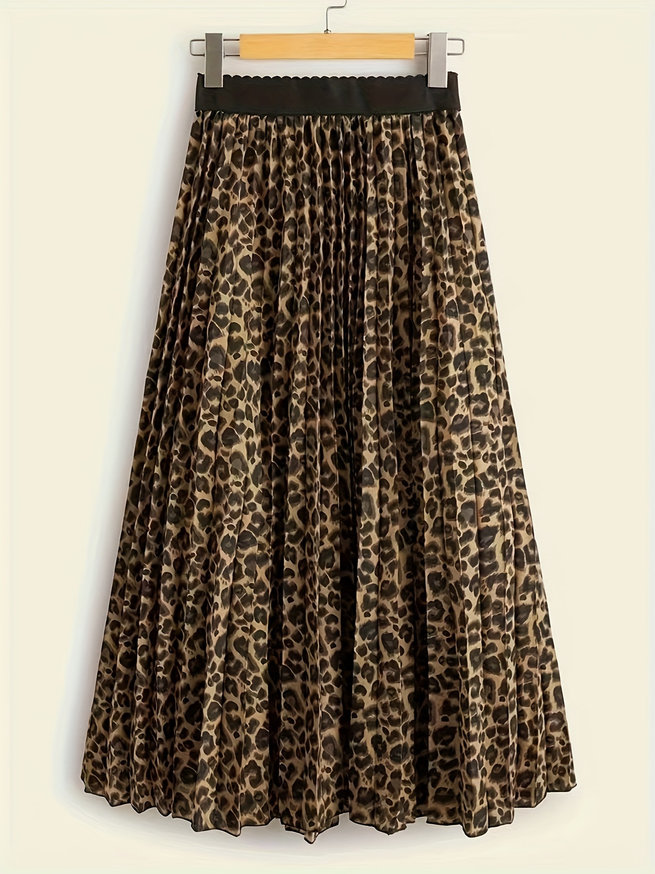 Women'S Leopard Print Pleated Skirt Long Length, No Belt, Spring/* A-Line  Loose Fit, Acetate Fabric, Pleated Hem Detail