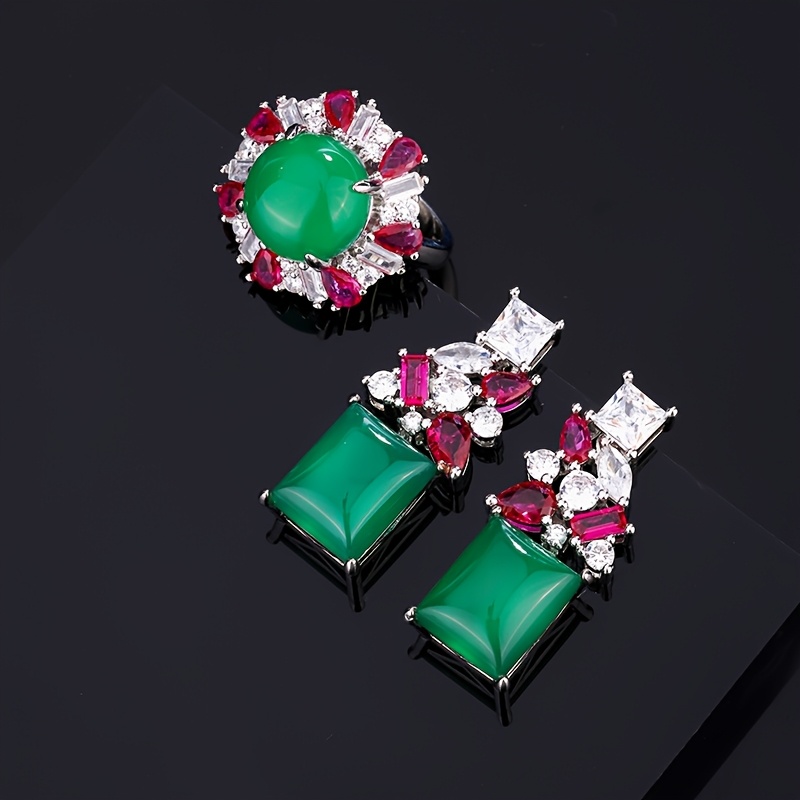 Luxurious Adjustable Ring & Princess Earrings Set, Green & Red Cubic Zirconia