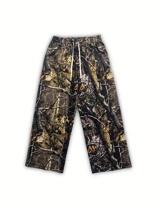 streetwear unisex 2k fashion loose fit straight leg trousers tree branch leaf camouflage print sweat casual cute comfy viral camo drawstring waist pants for men women bottoms for