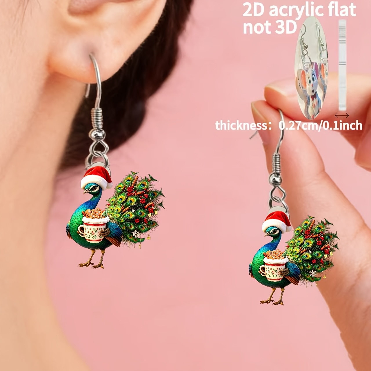 Women's Christmas Peacock 2D Acrylic Earring Ornament