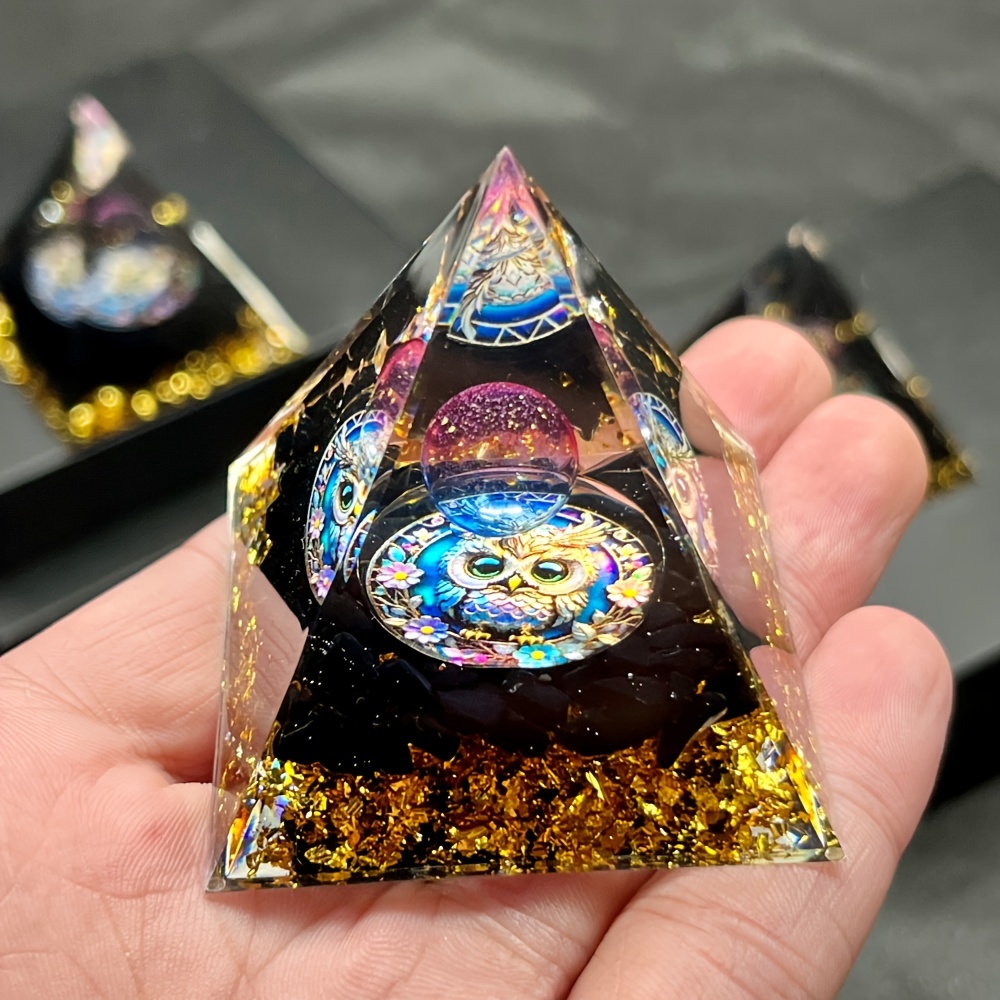 

1 Handcrafted Owl Orgone Pyramid - Cute Natural Stone Desk Decor With Stained Glass Effect, Golden Accents For Decoration