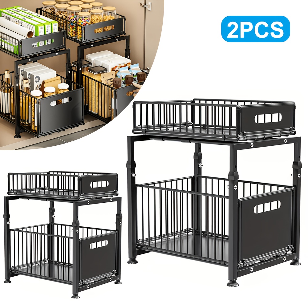 TEMU 2pcs Pull-out Double-layer Sink Under Storage Rack, Vertical Shelves Suitable For Kitchens, Bathrooms Or Wardrobes. Sliding Storage Rack, Can