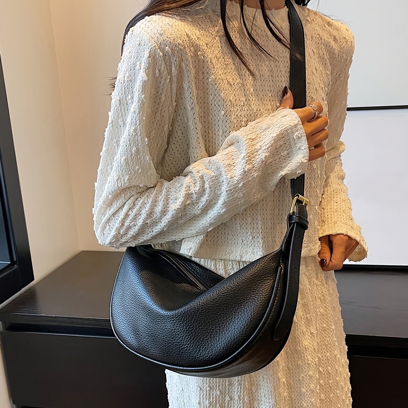 TEMU Ladies' Half- Bag, Fashionable, Casual, Trendy, Daily Commute, Class, Bag, Retro, Niche Design, Versatile, High-end, Lychee Pattern, Crossbody