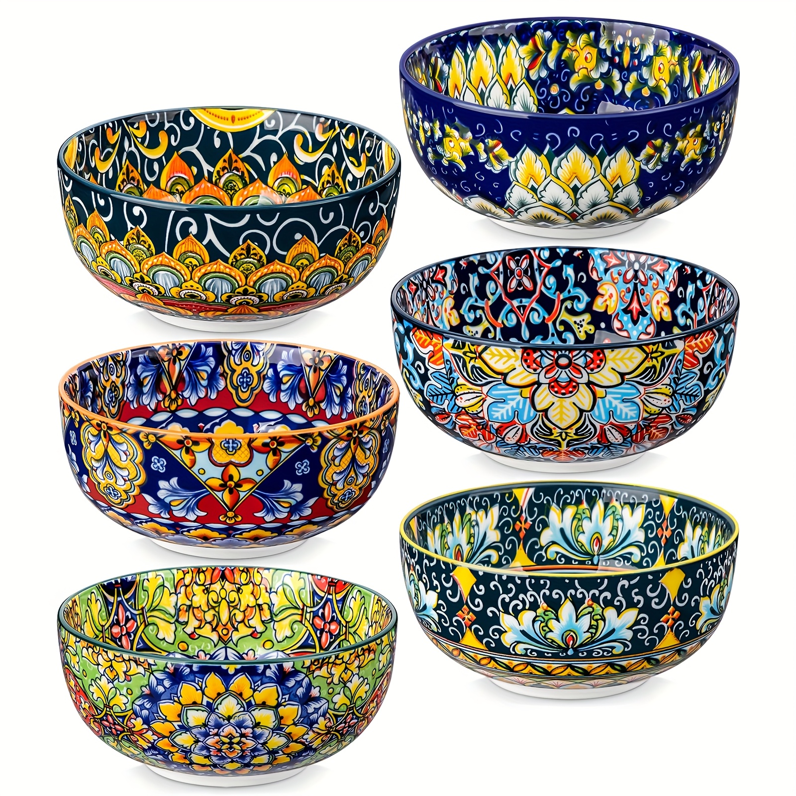 TEMU 840ml Cereal Bowls Set Of 6, Ceramic Soup Bowls, Dishwasher And Microwave Safe, Mixed Color/single , Serving Bowls With Double-sided Pattern For