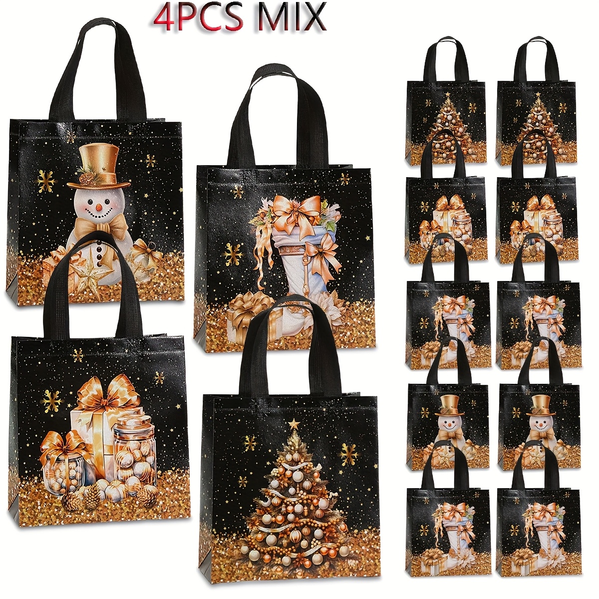 TEMU Juego de 4 bolsas de regalo navideñas negras con diseño de y árbol de Navidad con dorada - Bolsas de tela no tejida reutilizables para fiestas