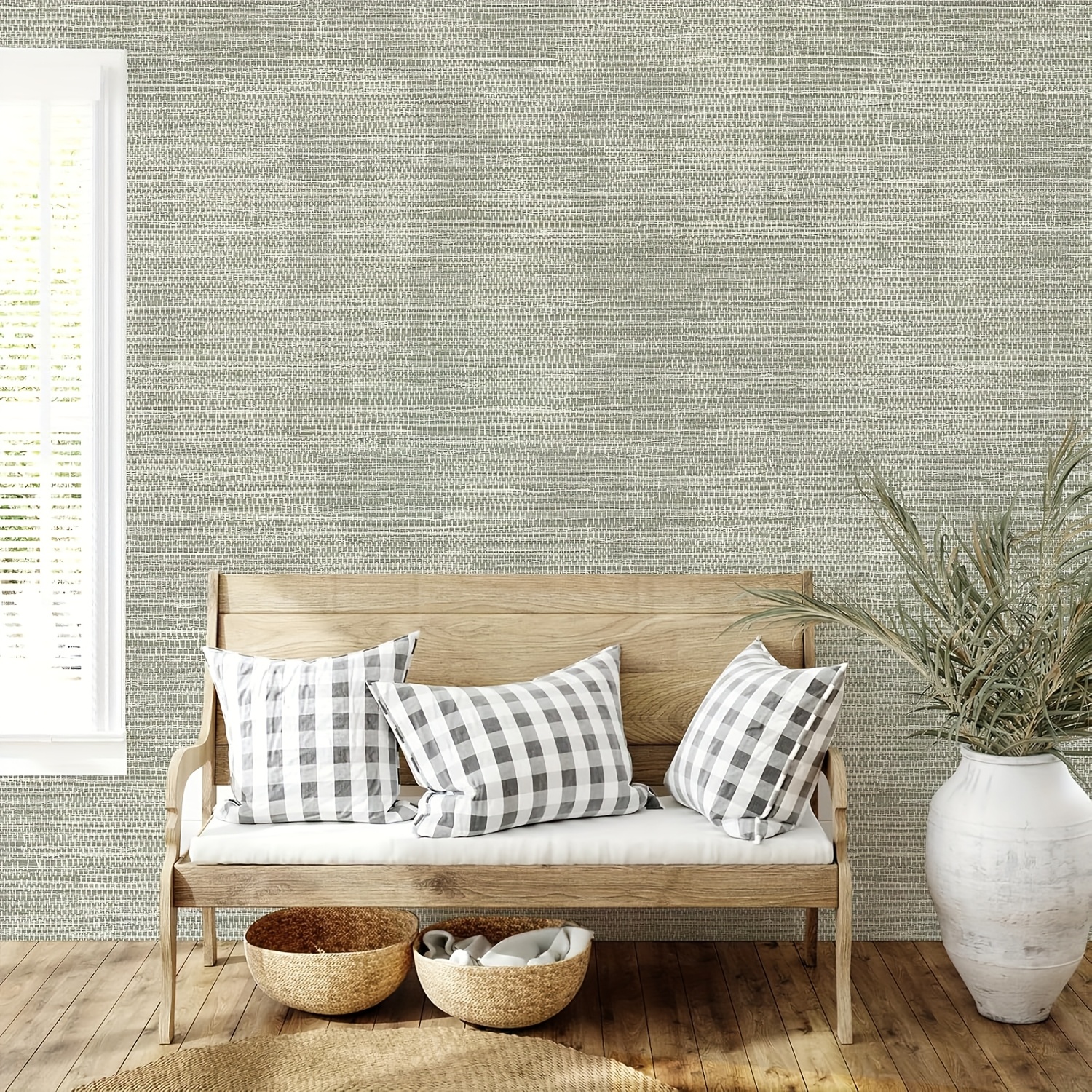 1 Roll Grass Woven Texture Peel and Stick Wallpaper - Self-Adhesive Removable Vinyl Contact Paper in Beige, Green, Blue Tricolor for Bedroom, Kitchen, Cabinets, and More, Contact Wall Paper for Bedroom