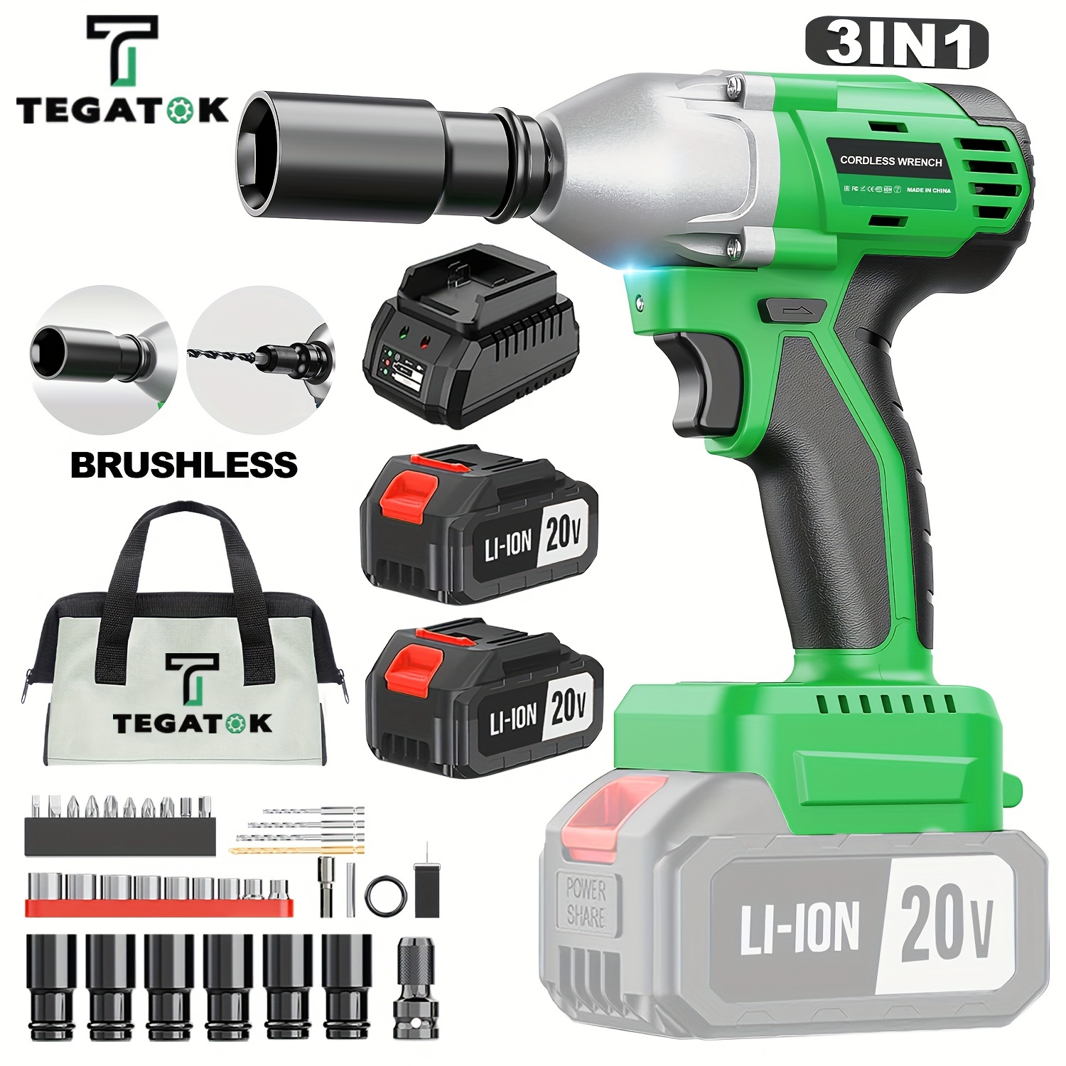 

Tegatok Cordless Impact Wrench, Power Impact Gun 1/2 (430n.m), 2400 Rpm Brushless Impact Driver With 4000 Mah Battery, Fast Charger, 6 Sockets & Tool Bag, 3-in-1 Electric Impact Wrench For Car Home