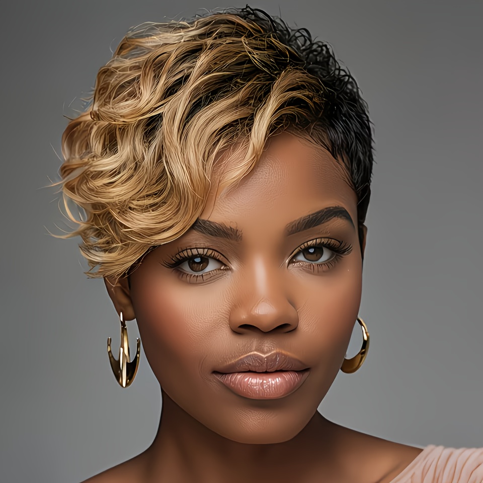 TEMU Perruque en Cheveux Humains Brésiliens Colle, Coupe Courte avec Frange et Mèches Naturelles Marron/Blond - Boucles Lâches Façonnées à , Convient