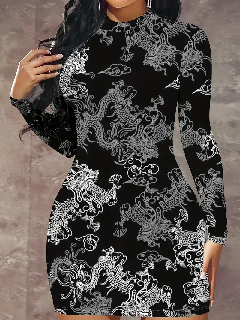 dragon print mock neck dress elegant long sleeve bodycon - Temu Morocco dragon print mock neck dress elegant long sleeve bodycon - Temu Morocco