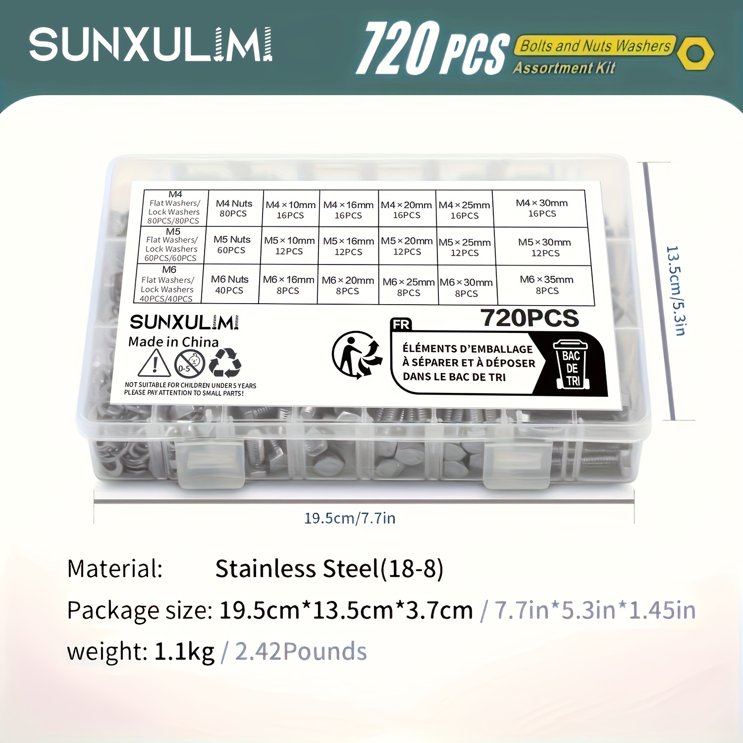 720pcs 1640pcs M4 M5 M6 Bolts And Nuts Assortment Kit Stainless Steel(18-8) Hex Screws Nuts & Washers, Includes 15 Regular Sizes