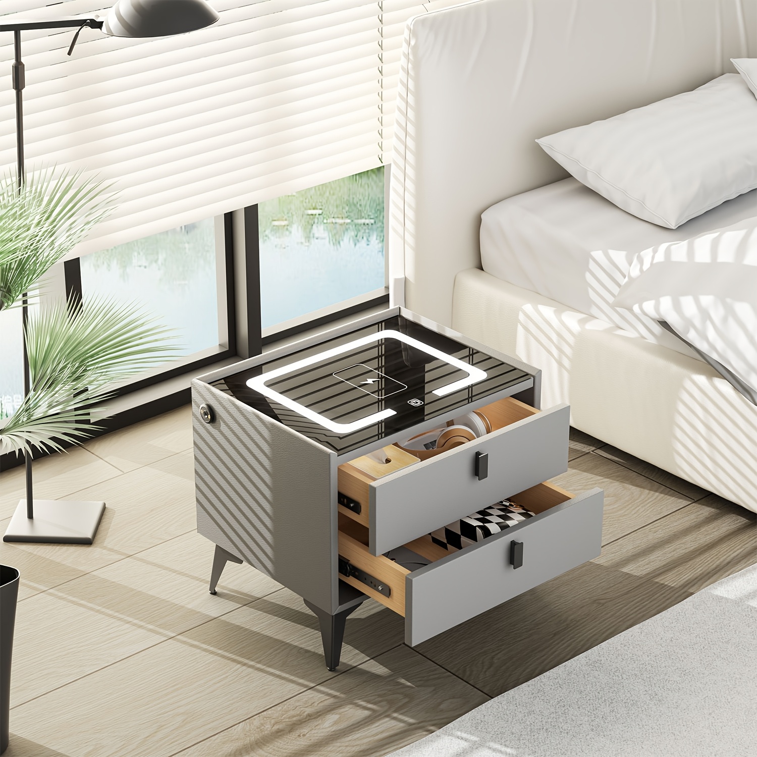 TEMU Modern Wireless Charging Nightstand With Bluetooth Led Lights & 2 Drawers Smart Bedside Table For Bedroom Storage & Convenience