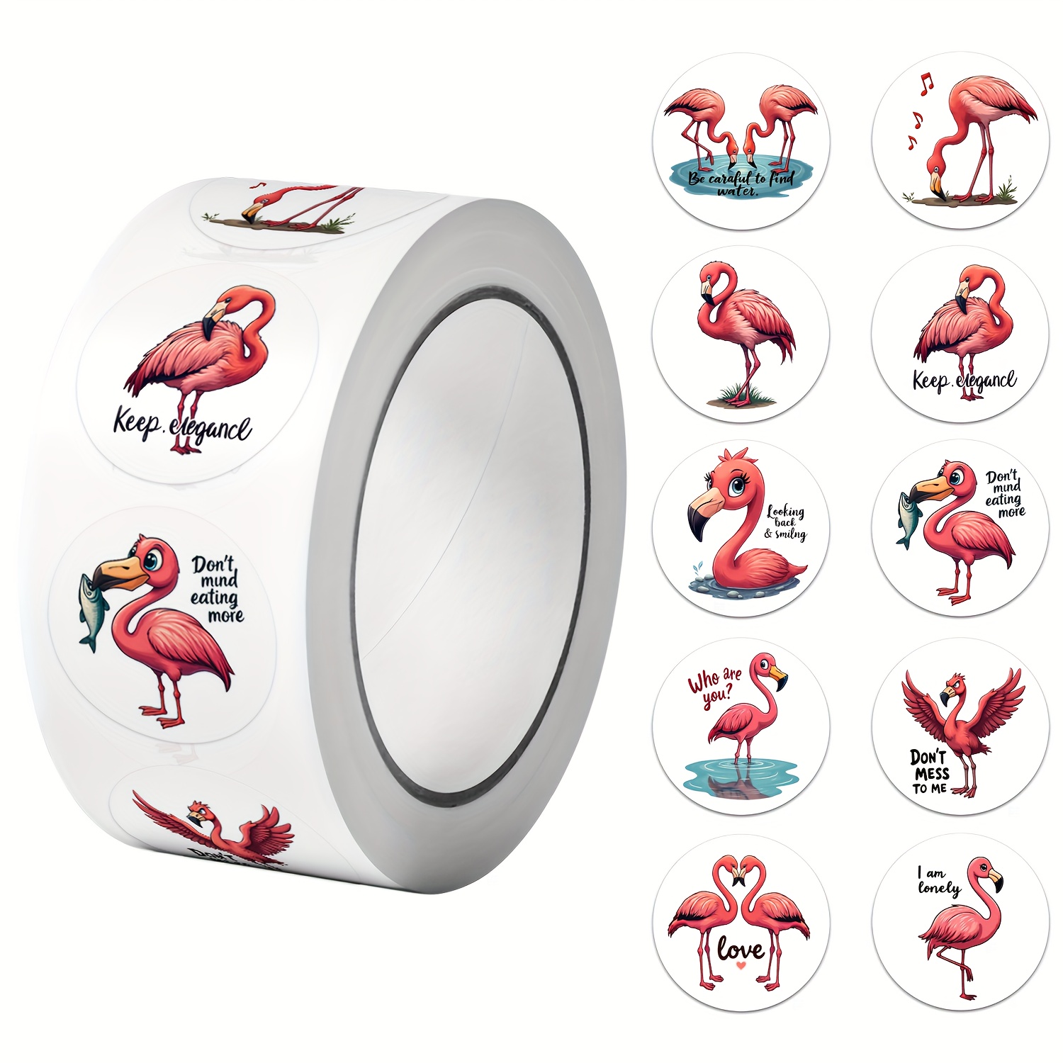 Image of 1 Roll (500pcs) Flamingo Pattern Stickers 2.5cm/1.0'' 10 Designs Decals Gifts Suitable For Gift Packaging Home Decoration Sealing Labels And Polite Greetings