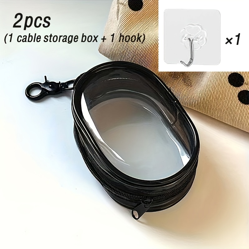 TEMU 2-pack Data Cable Organizer Box (includes 1 Hook) - Transparent, Portable, And Durable; Ideal For Storing Phone , Earphones, Cables, And More.