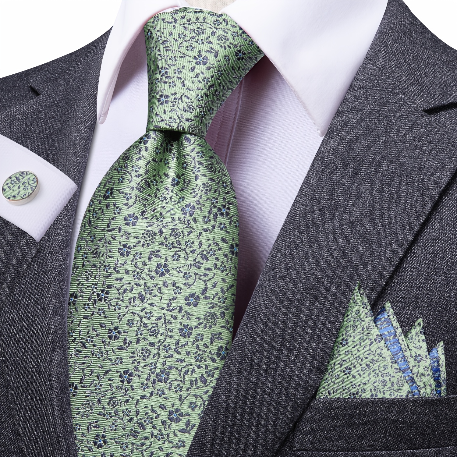 Image of Mens Classic Fashion Tie Green Floral Ties And Handkerchief Square Set Business Event Wedding Party Essential For Festivals