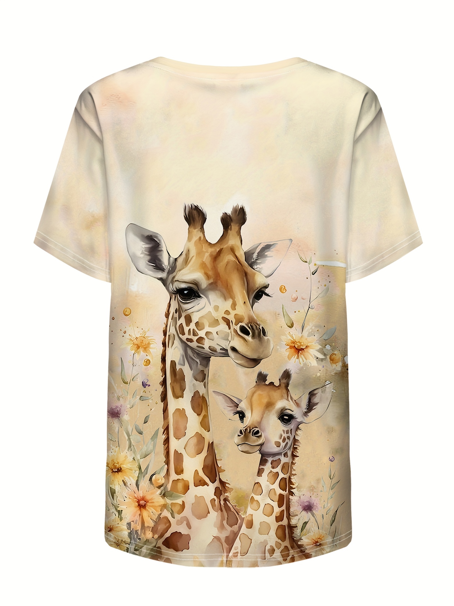 Women'S Giraffe Print Scrubs Top V-Neck, Short Sleeve with Pockets,  Polyester Blend Cartoon Design, Casua