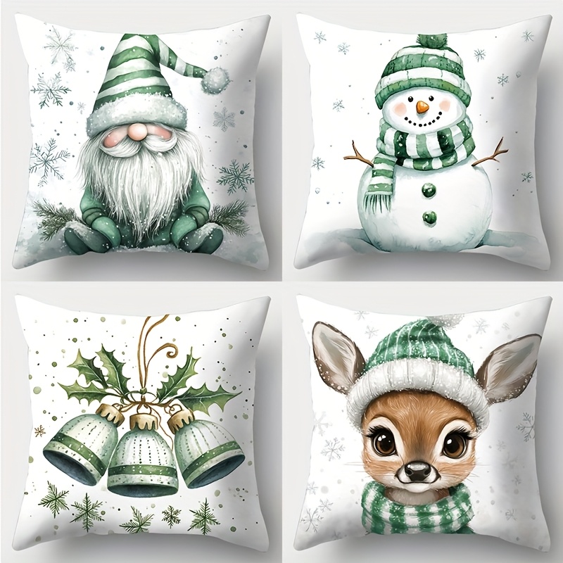 TEMU Set Of 4 Printed Pillow Covers Featuring Christmas Theme With , Snowmen, Bells, And Deer. Are Fresh And Adorable, Gatherings, Celebrations,