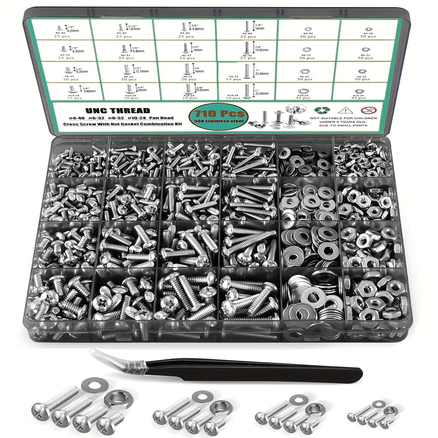 

710-piece Stainless Steel Nuts & Bolts Kit - #4 To #10 Sizes, Phillips Pan Head, Flat Washers Included With Durable Storage Case