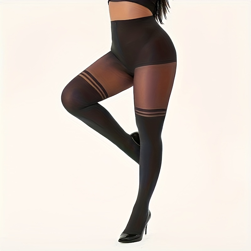 Image of 1 Pair Women's Black Striped Over-the-knee Socks, Spring Academic Style Tights, Black Thigh-high Socks, Style, Sexy High-waist Stretch Solid Color Tights