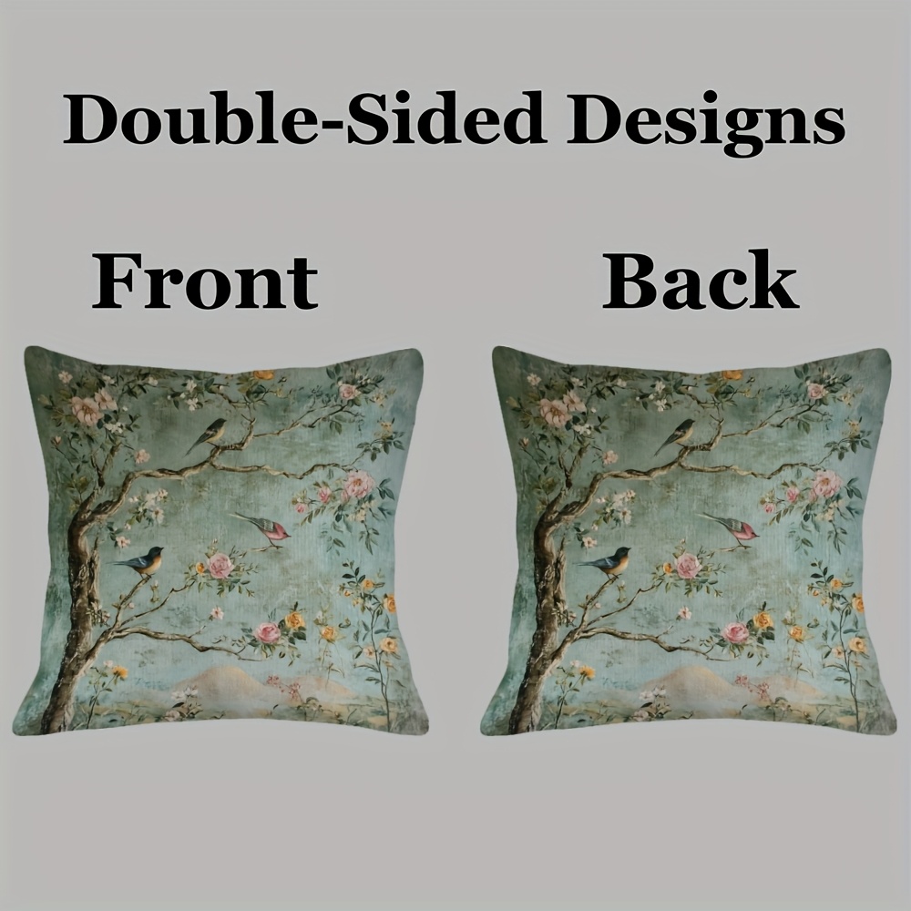 1 double sided vintage chinese floral and bird print pillowcase 18x18 inches soft plush polyester   design with roses on branches and birds suitable for sofa couch bedroom or car decorative cushion cover 2pcs 18 18 inch Product details 0