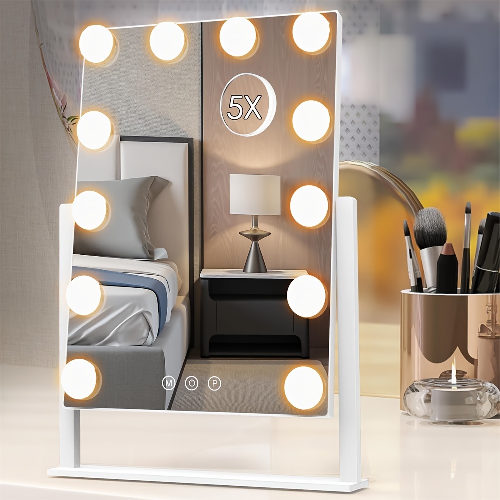 

Vanity Mirror With Lights, Lighted Makeup Mirror With 3 Color Lighting Modes And 12 Dimmable Bulbs, Detachable 5x Magnification, Smart Touch Control, 360°rotation, White
