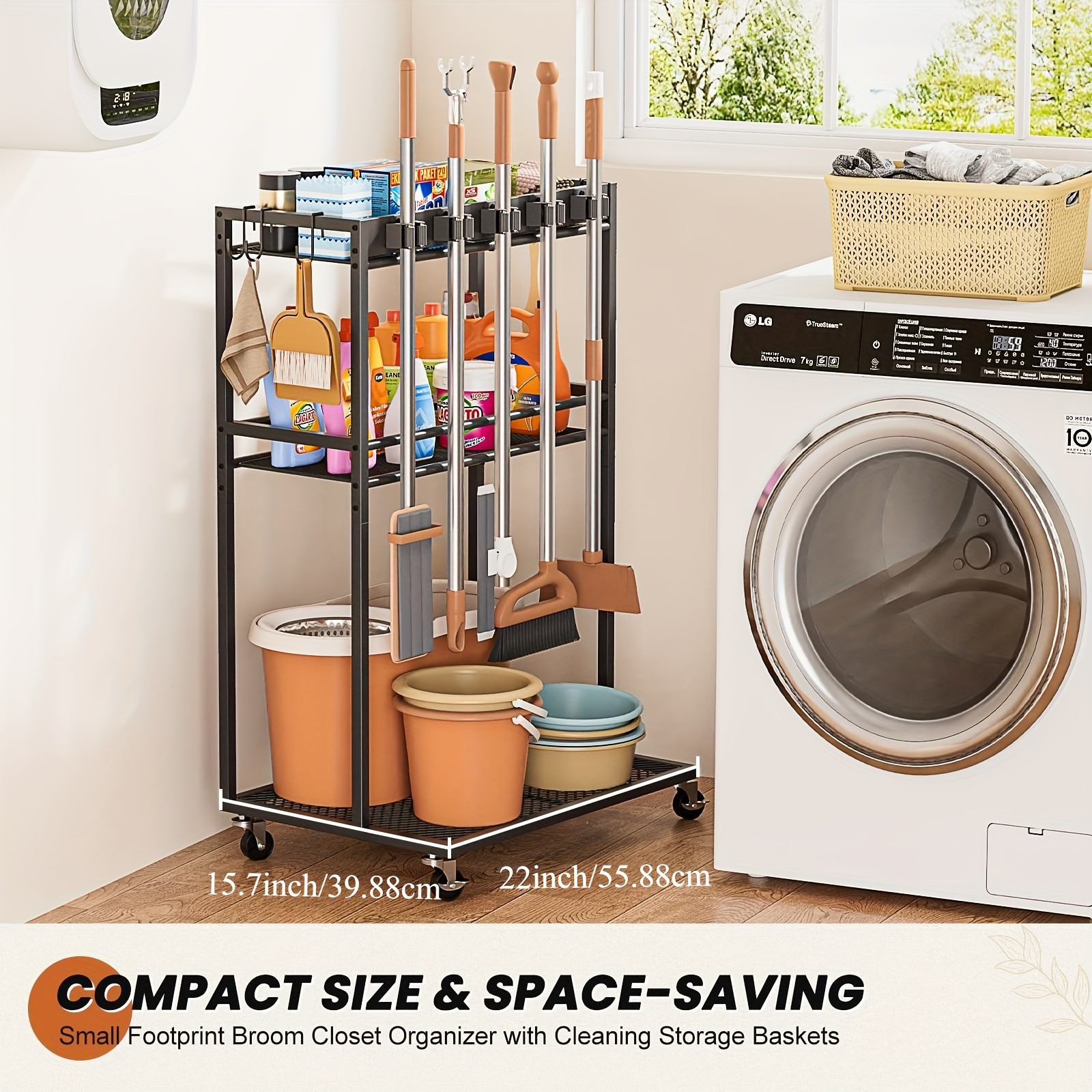 Broom Holder with Cleaning Supplies Organizer for Laundry Room