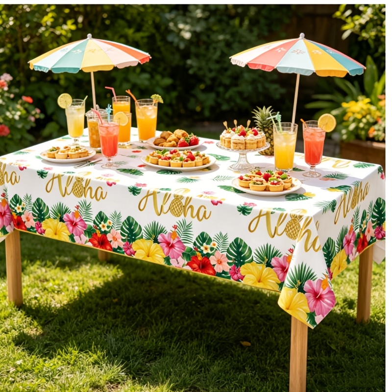 TEMU Halloween, Christmas, 1pc Golden Hawaii Party Tablecloth Disposable Colorful Flower Party Tablecloth Suitable For Beach Pool Birthday Tablecloth