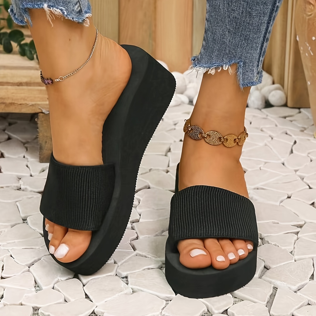 

Women's Solid Color Casual Sandals, Platform Slip On Vacation Comfort Slides, Non-slip Wedge Beach Slides