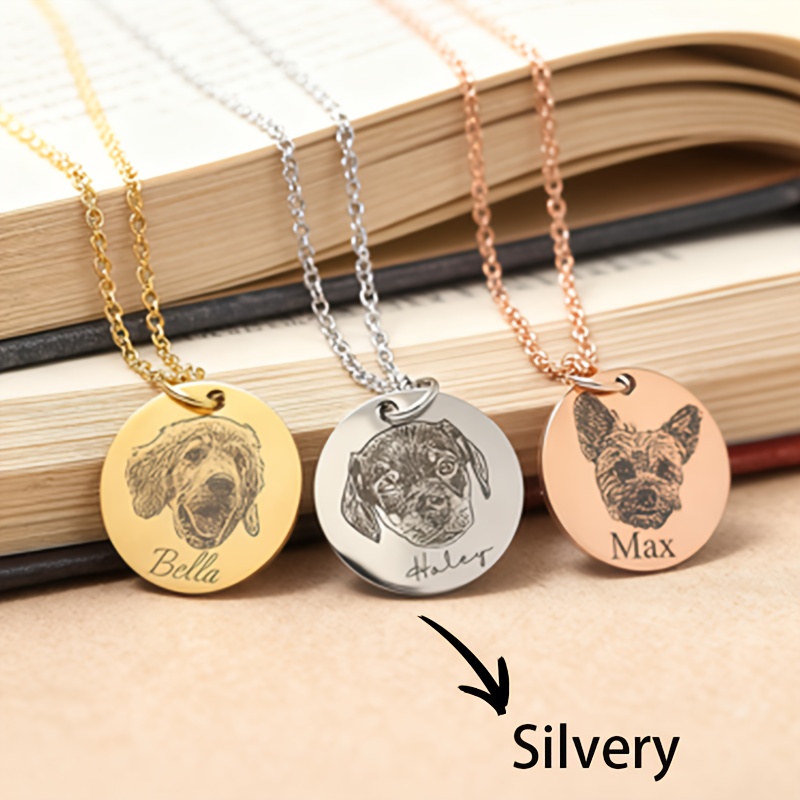 TEMU Customizable Stainless Steel Women's Pendant Necklace, Engraved With Pet Portrait And Name, A Perfect Gift For Pet Lovers, Ideal For Valentine's