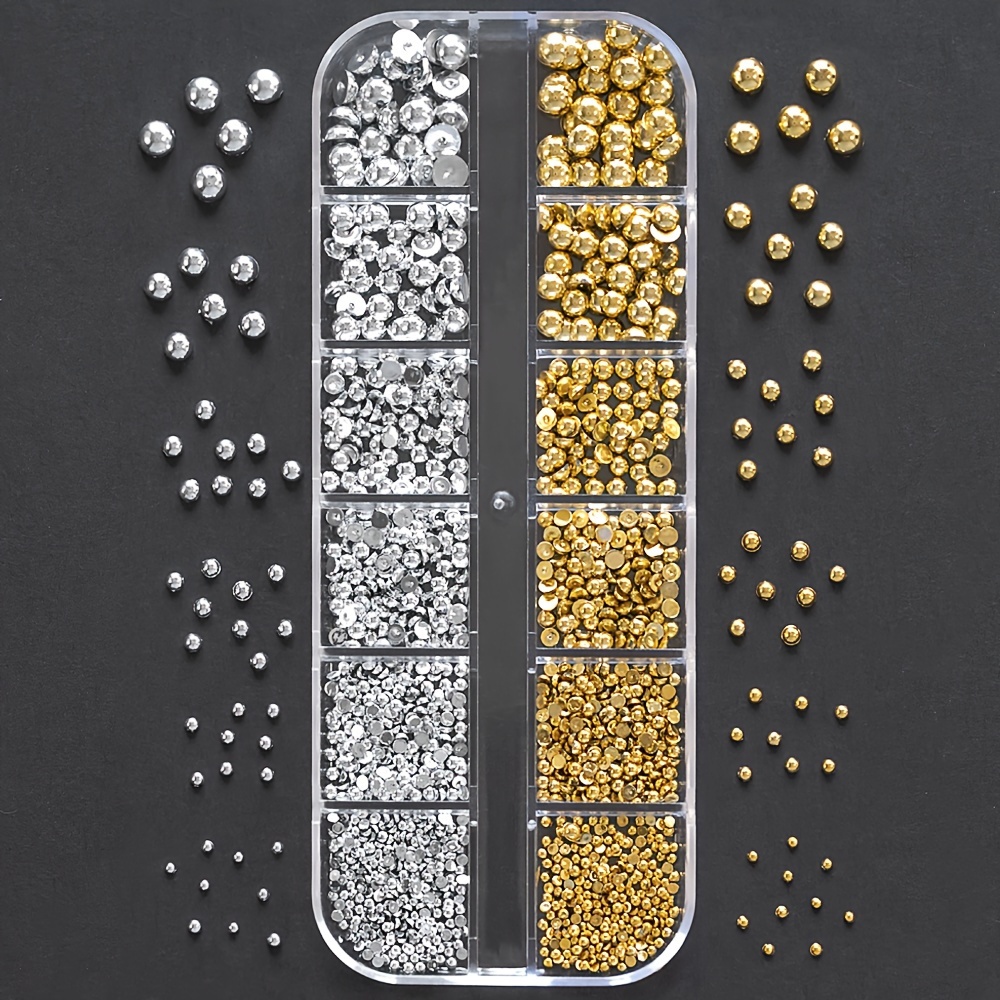 Image of 12 Grids/box Crystals Ab For Nail Rhinestones Mixed Sizes Golden Silvery Round Beads Flat Back Glass Charms Gems Stones For Nails Decoration Makeup Clothes Shoes