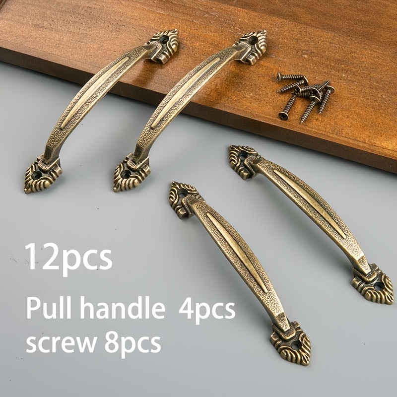 TEMU 12pcs Bronze Iron Ripple Handles (4 Handles + 8 Screws) Suitable For Kitchen And Wardrobe Doors, Furniture Handles, Drawer Handles, Hardware