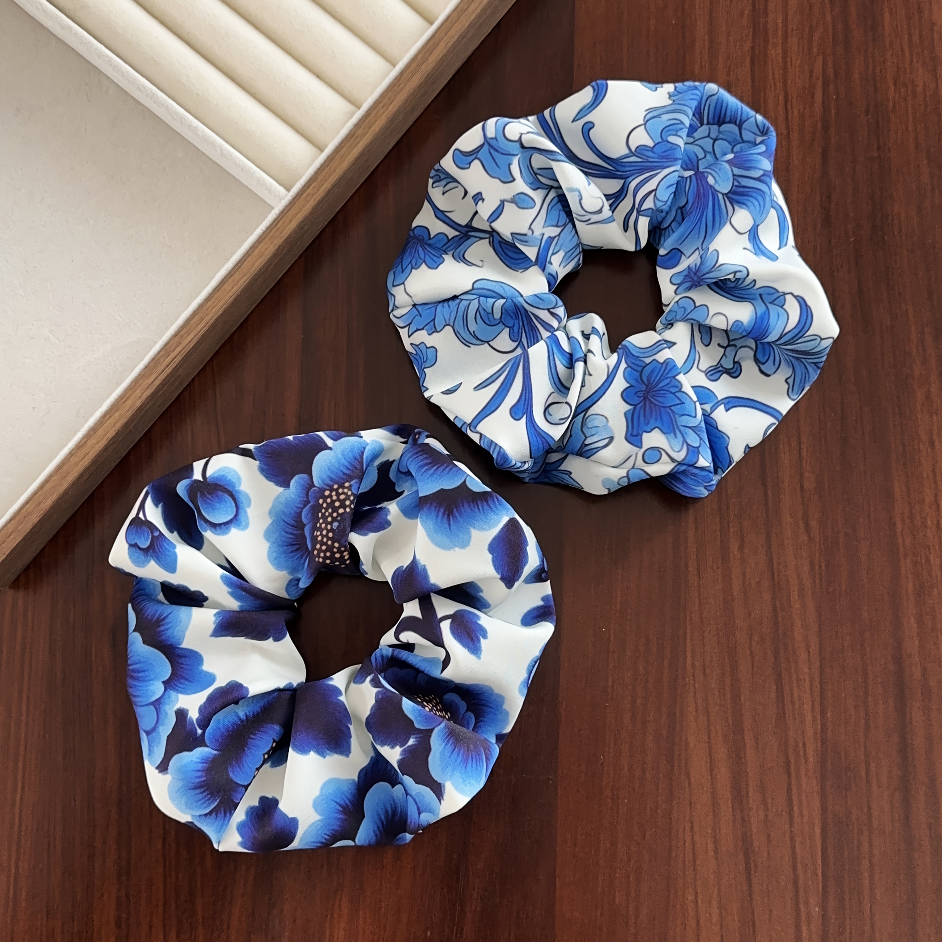TEMU 2pcs (spring/summer) Women's Sweet And Elegant Fabric Printed Hair Ties With Blue And White Porcelain Elements, Accessories For Ponytail